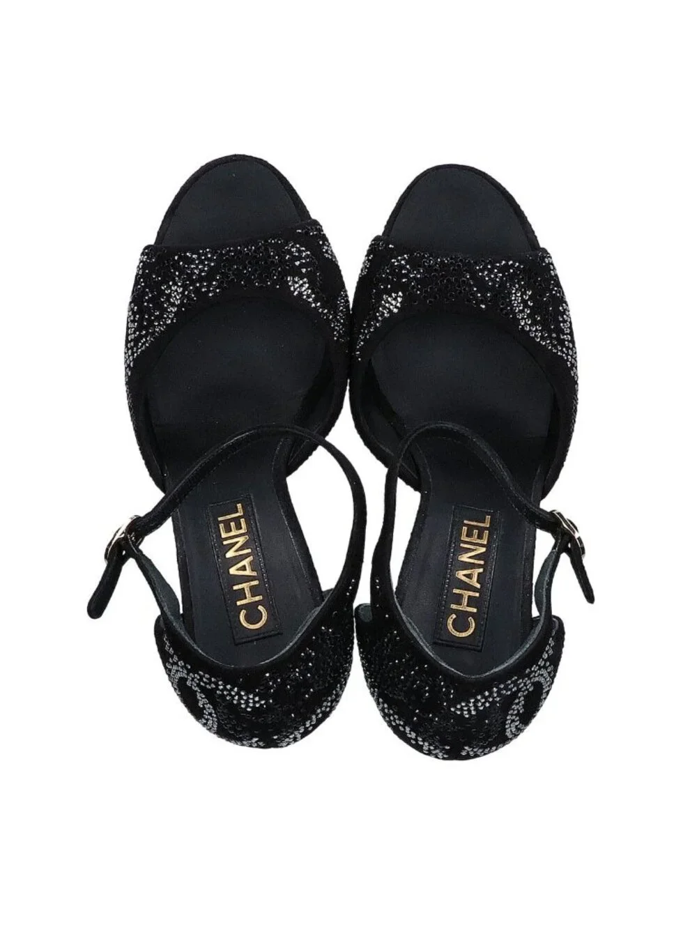 Chanel Suede Leather CC Logo Rhinestone Sandals 37c